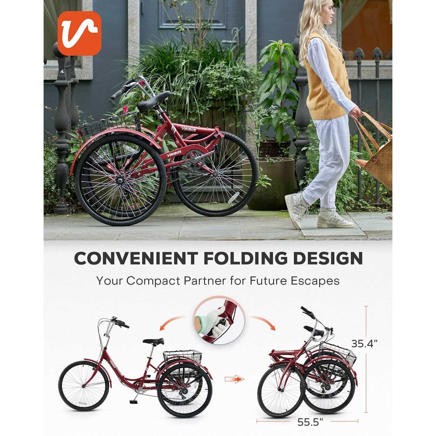 Viribus 26 Inch Folding Adult Tricycle 7 Speed Trike with Removable Basket - Image 3