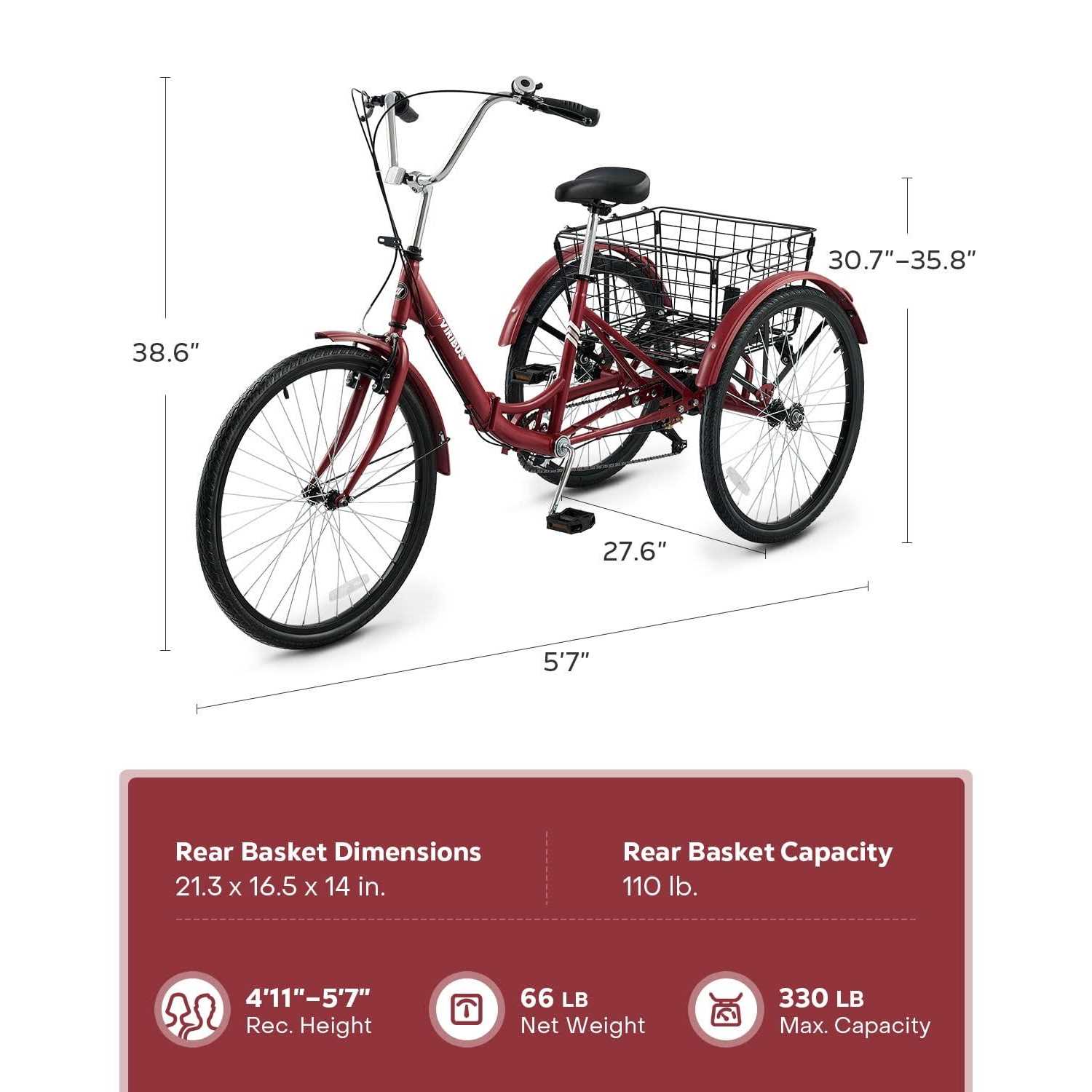 Viribus 26 Inch Folding Adult Tricycle 7 Speed Trike with Removable Basket - Image 5