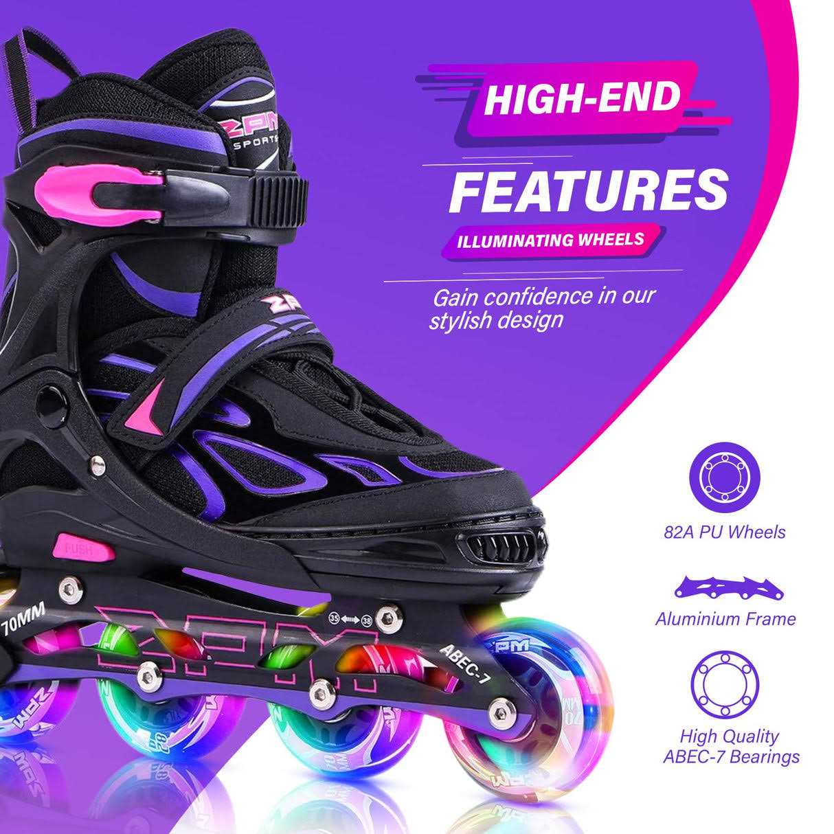 2pm Sports Vinal Girls Adjustable Inline Skates with Light up Wheels Skates Fun Illuminating Skates for Kids Boys and - Image 5