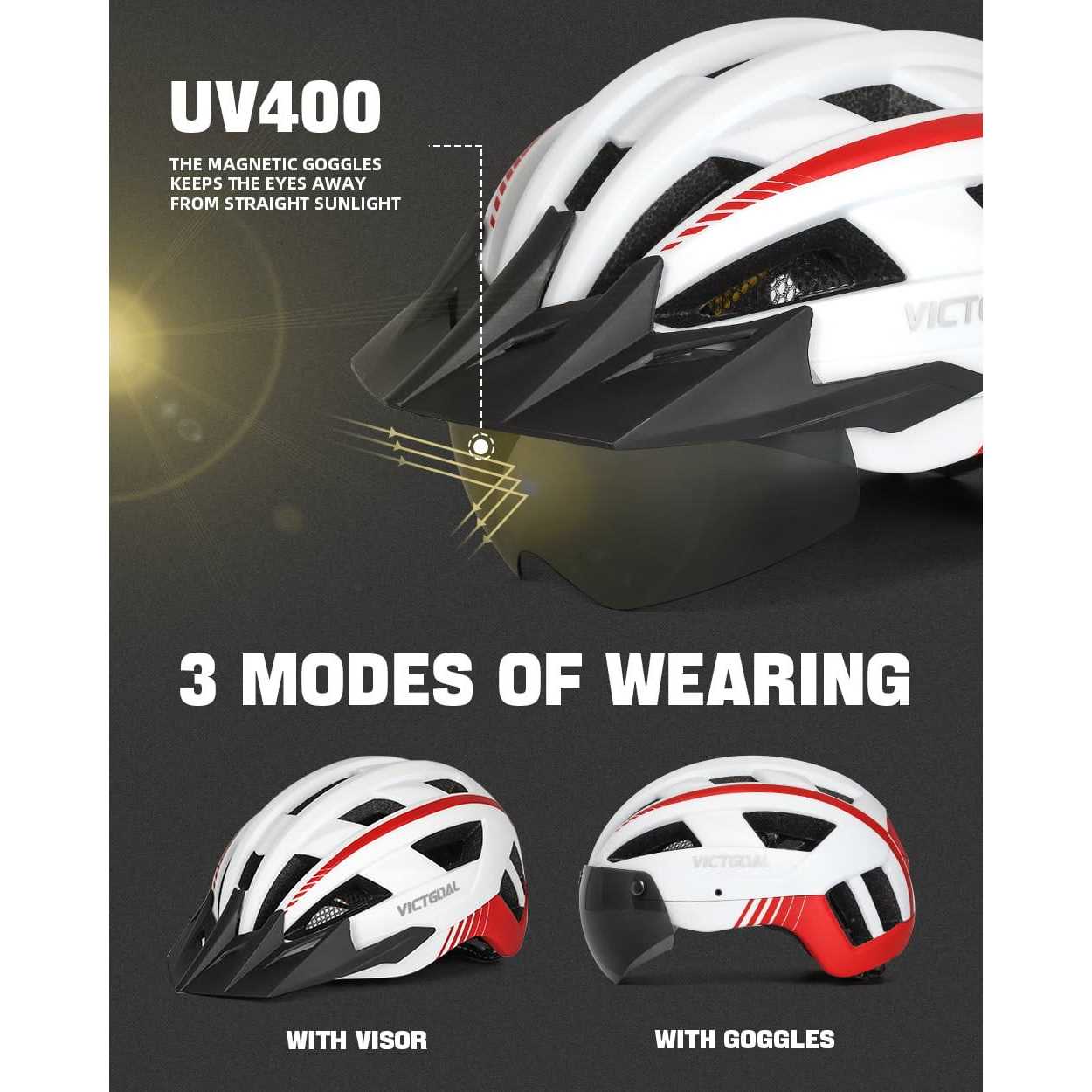Victgoal Bike Helmet with USB Rechargeable Rear Light Detachable Magnetic Goggles Removable Sun Visor Mountain & Road Bicycle Helmets for Men Women - Image 4