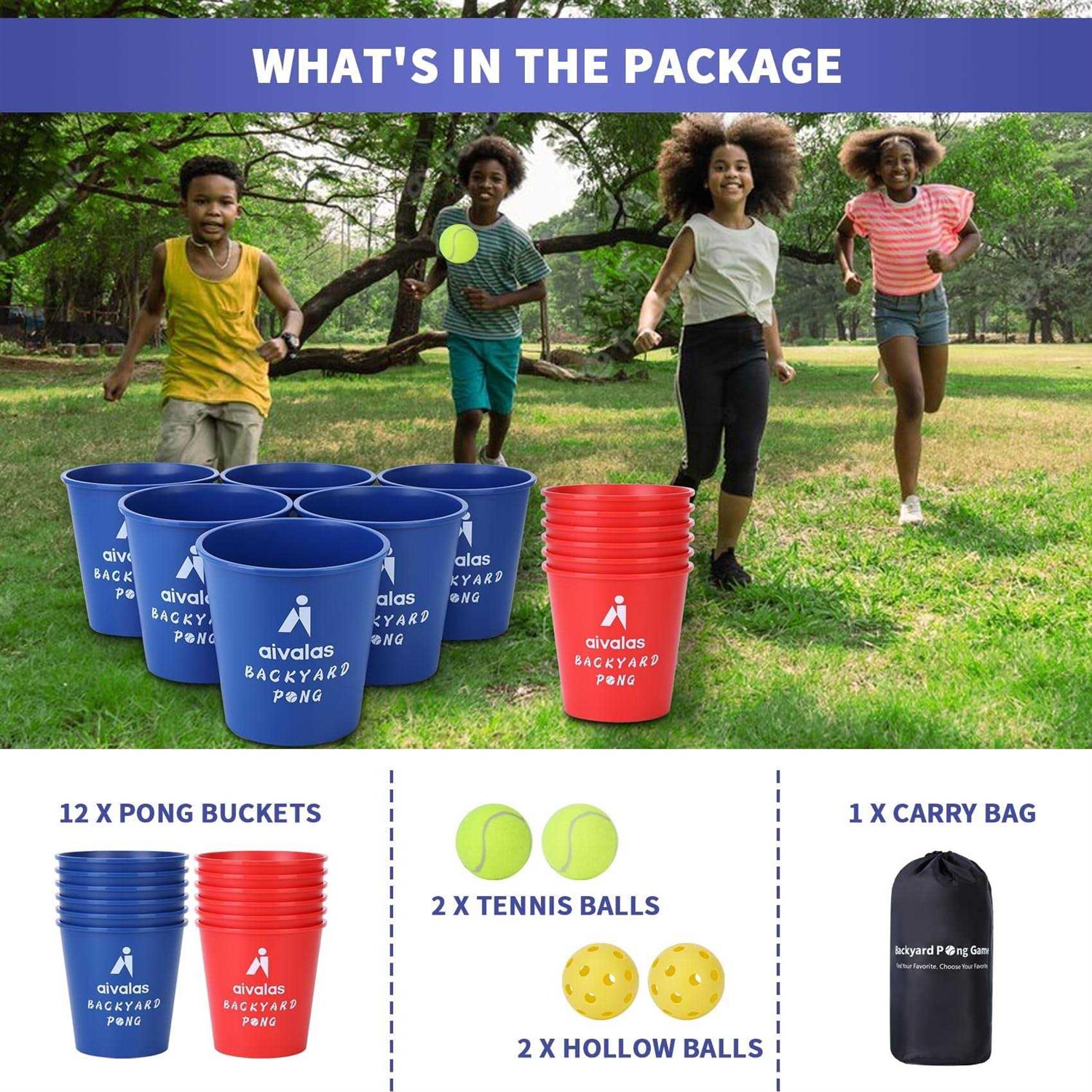Aivalas Yard Pong Outdoor Games Set, Giant Yard Pong game for adults and family with 12 Buckets, 4 Balls and a carrying Bag - Image 5