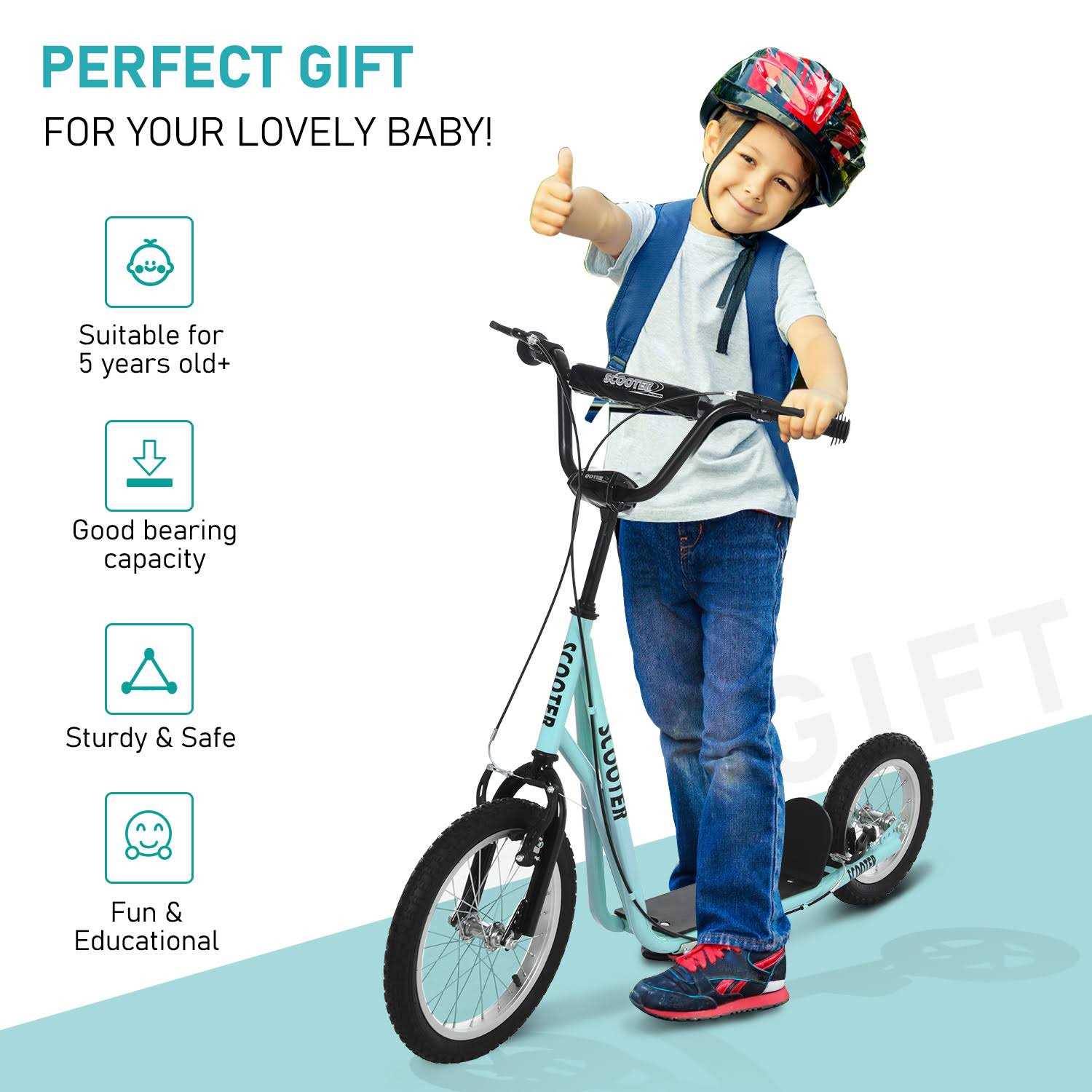 Aosom Youth Kick Scooter Adjustable Handlebar Teens Ride on Toy for 5+ w/ Front and Rear Dual Brakes Inflatable Wheels - Image 3