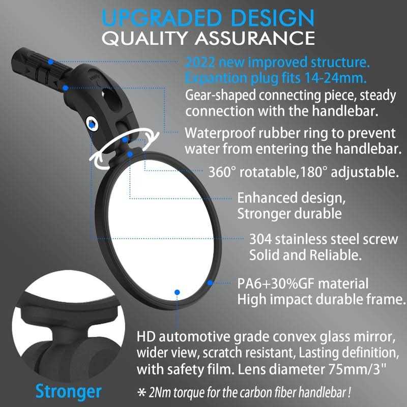 BriskMore Black Bar End Mirrors HD Glass Convex Lens Bicycle Rearview Mirror - Image 4