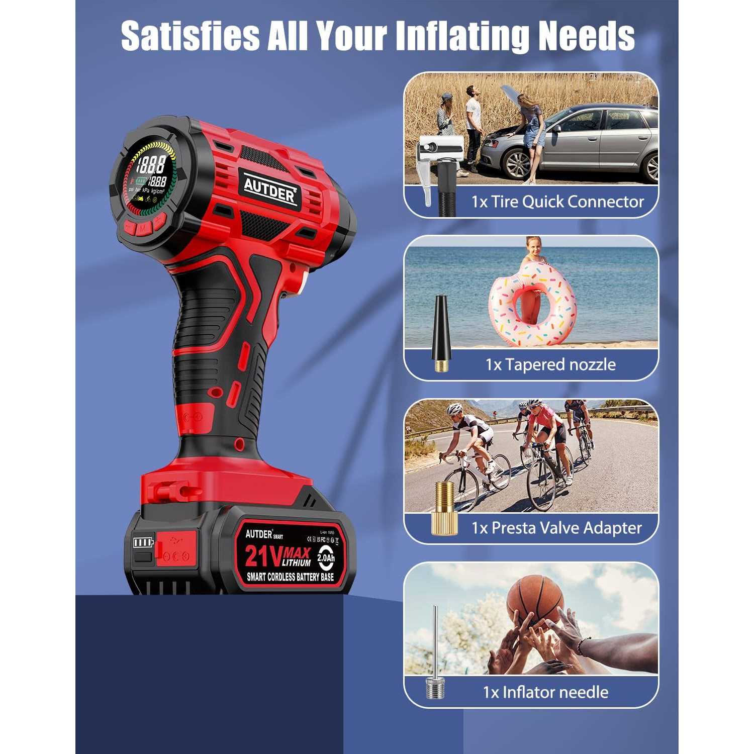 AUTDER Tire Inflator Air Compressor 21V Battery Powered Tire Pump - Image 4