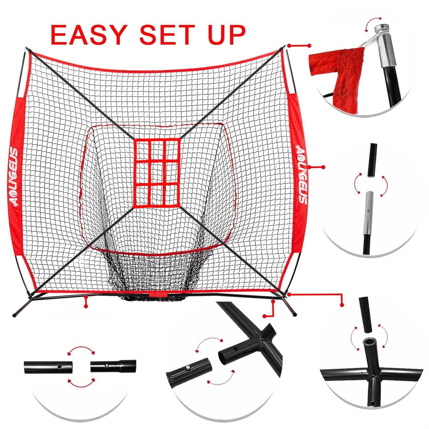 AOLIGEIJS 7'X7' Baseball Softball Practice Net,Pitching Net,Batting Net,with Baseball Tee,Bonus Strike Zone and Bow Frame,for Hitting,Pitching - Image 4