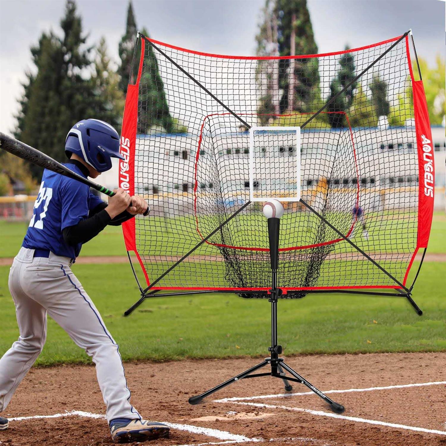 AOLIGEIJS 7'X7' Baseball Softball Practice Net,Pitching Net,Batting Net,with Baseball Tee,Bonus Strike Zone and Bow Frame,for Hitting,Pitching - Image 5