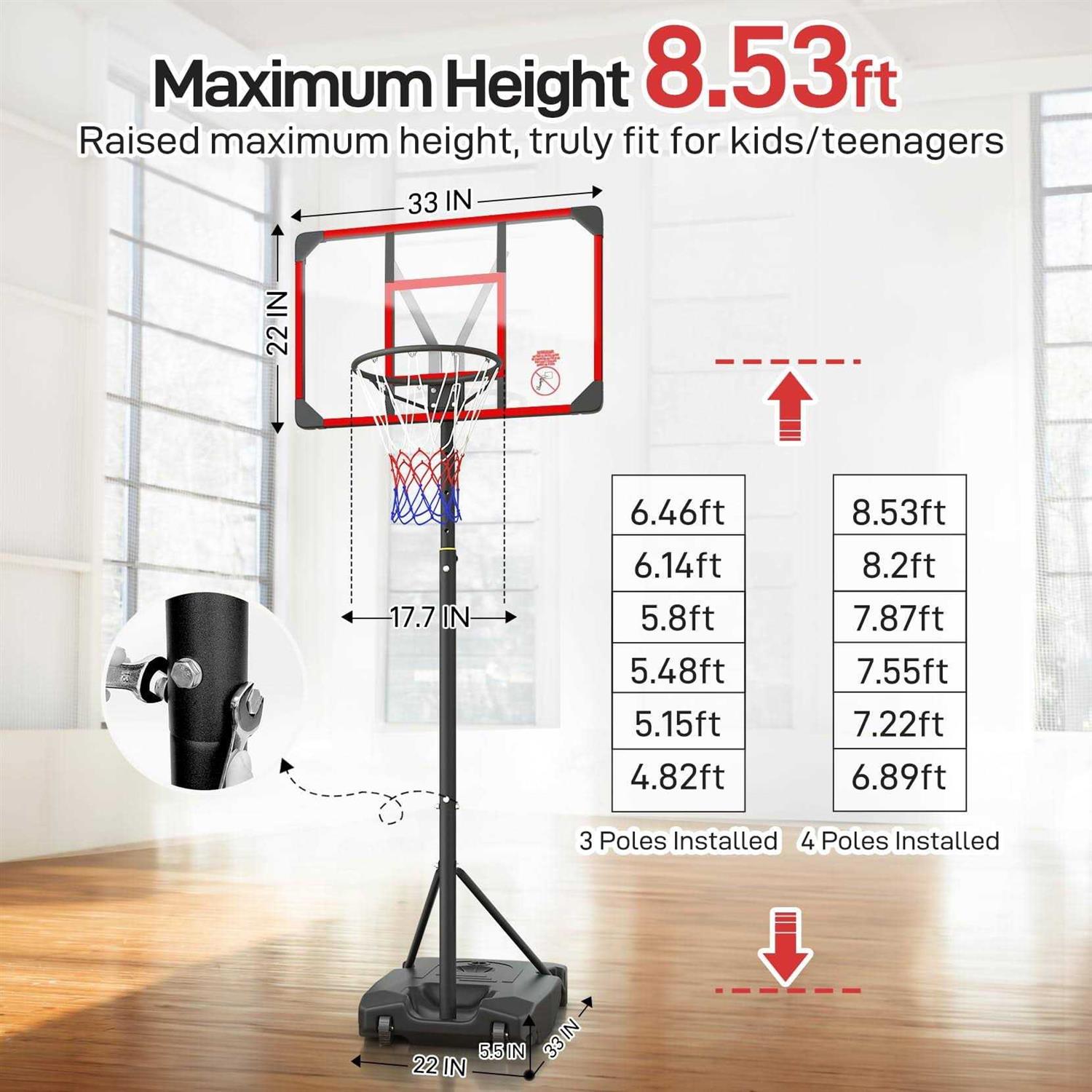 Basketball Hoop,Neche 4.82-8.53ft Height Adjustable Portable Basketball Goal Outdoor PC Backboard for Kids Youth - Image 4