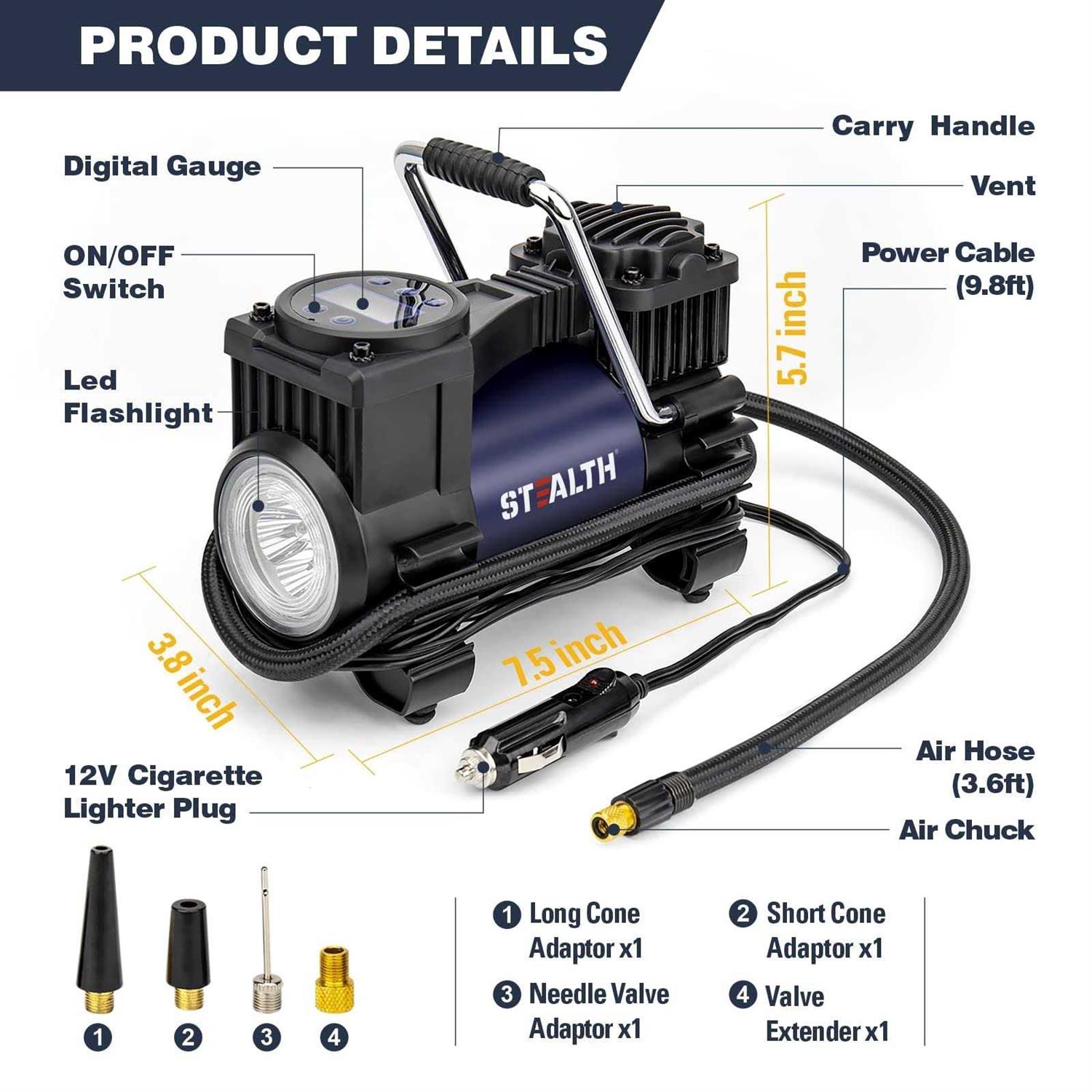 Stealth Portable Air Compressor Tire Inflator 12V DC Digital Pump with 120PSI - Image 5
