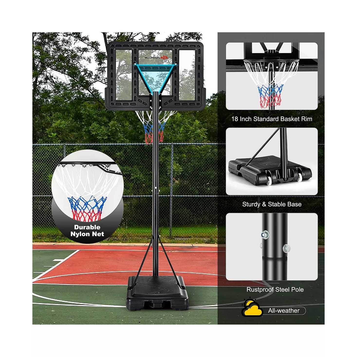Costway Portable Basketball Hoop Stand Adjustable Height W/Shatterproof Backboard Wheels - Image 3