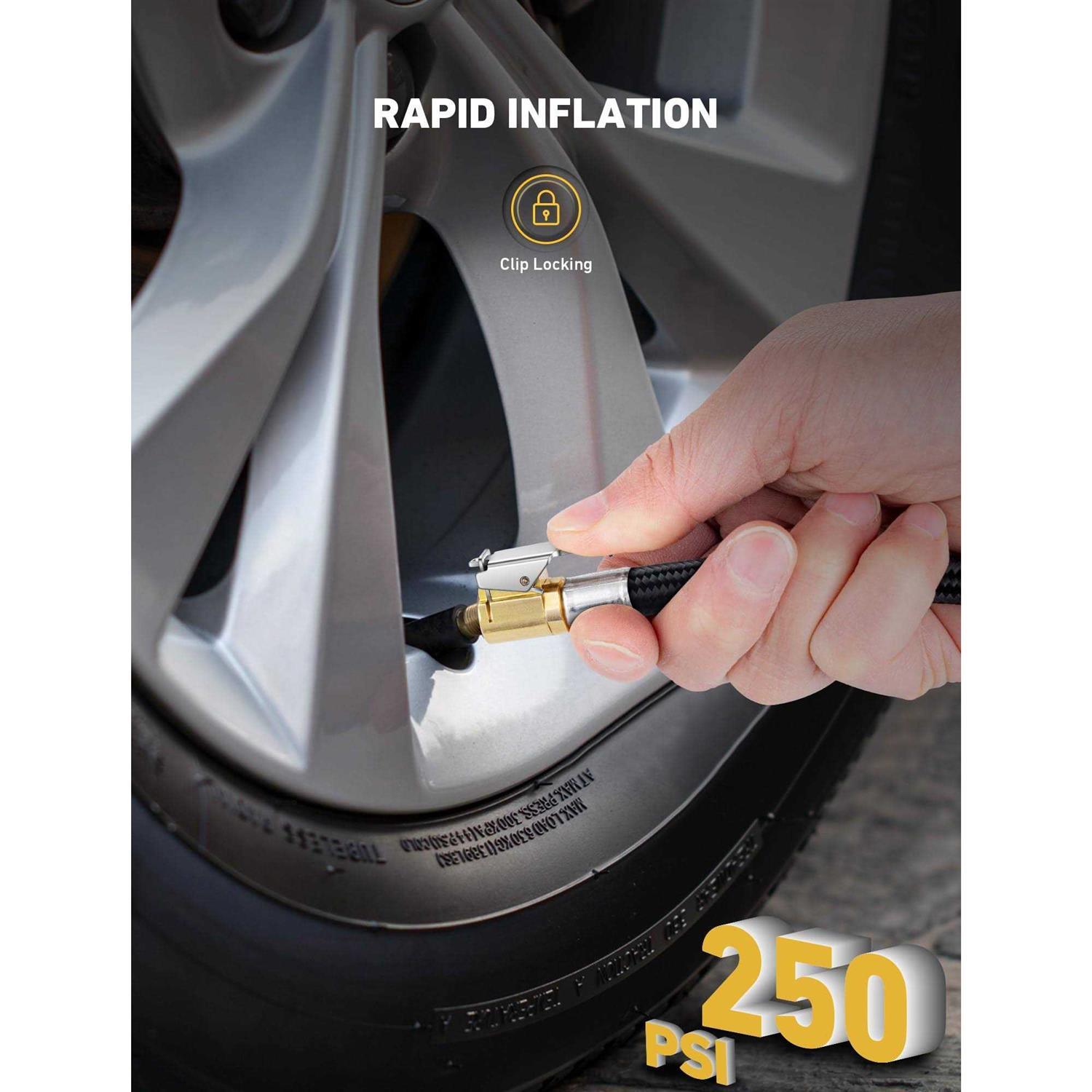 EVOULTES Tire Inflator Hose Adaptor with Air Release Valve Brass Clip Locking Air Chuck w/ 12'' Nylon Woven Air Hose & Converting Nuts - Image 3