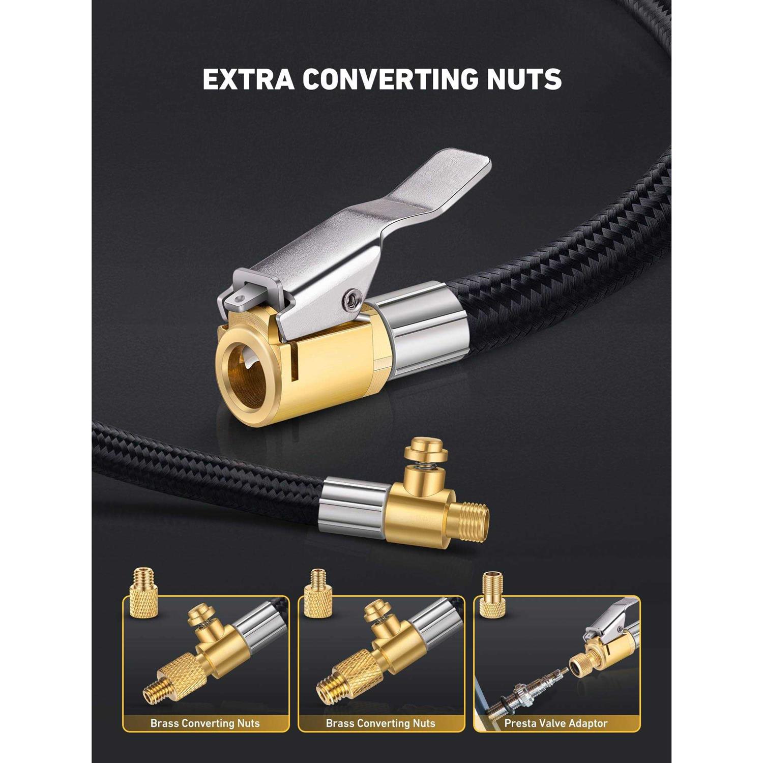 EVOULTES Tire Inflator Hose Adaptor with Air Release Valve Brass Clip Locking Air Chuck w/ 12'' Nylon Woven Air Hose & Converting Nuts - Image 4