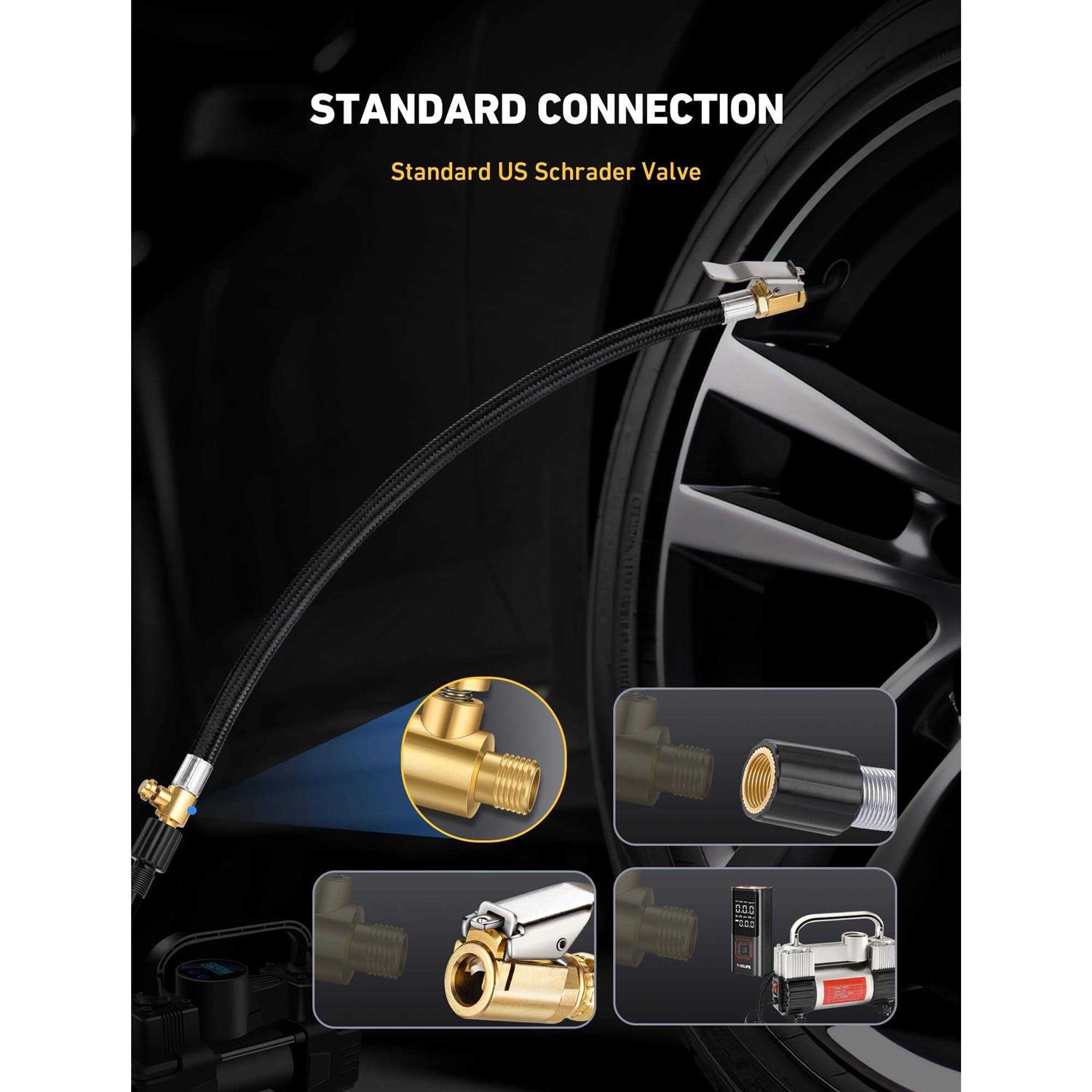 EVOULTES Tire Inflator Hose Adaptor with Air Release Valve Brass Clip Locking Air Chuck w/ 12'' Nylon Woven Air Hose & Converting Nuts - Image 5