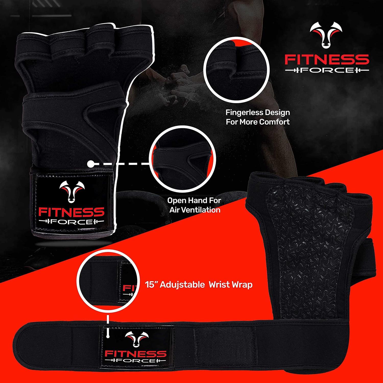 Fitness Force Ventilated Gym Gloves for Men with Built-in Wrist Support for Workouts Weightlifting Workout Gloves for Women Exercise Fitness - Image 4
