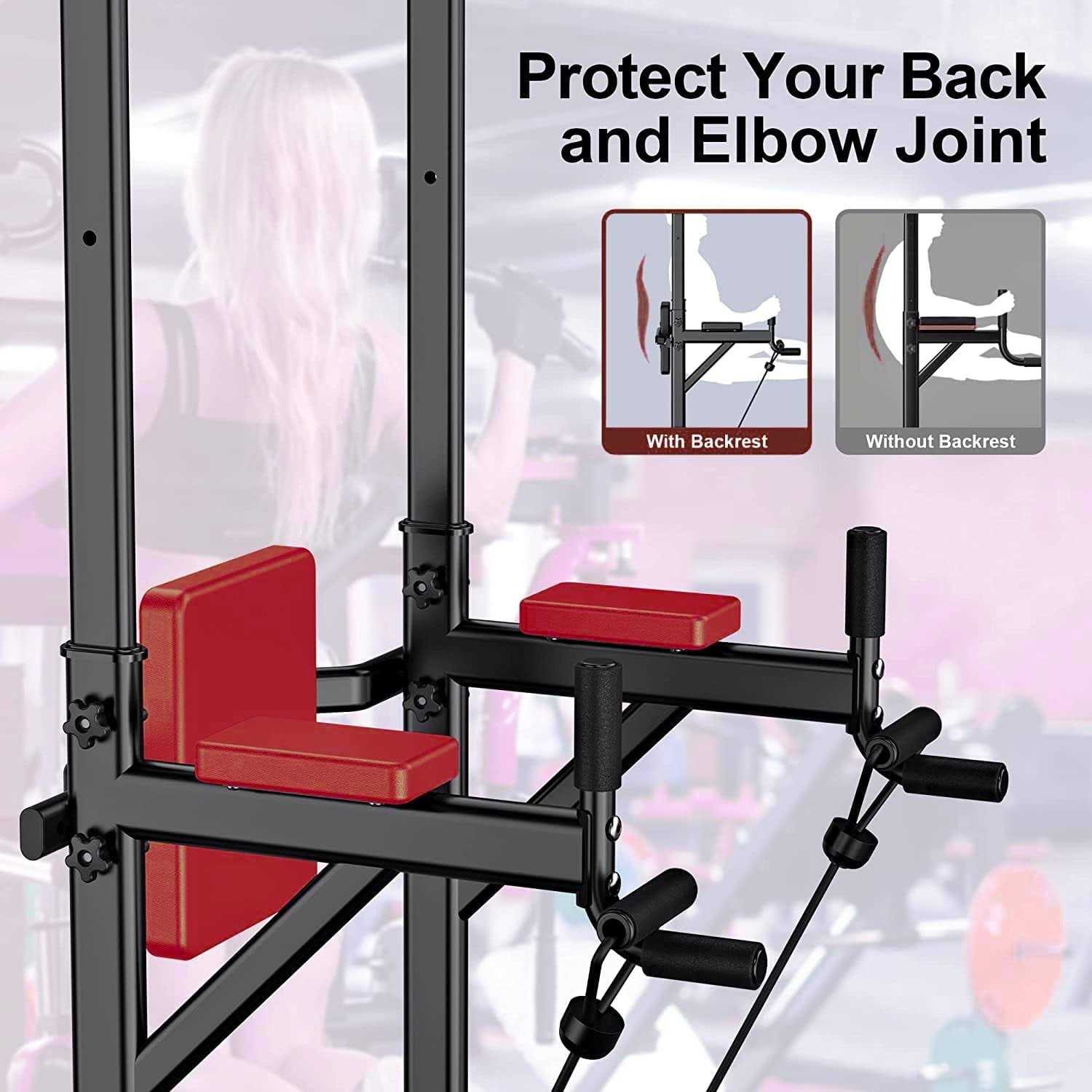 PROHIKER Power Tower Dip Station, Pull Up Bar Stand Power Rack with Backrest and Resistance Band - Image 3
