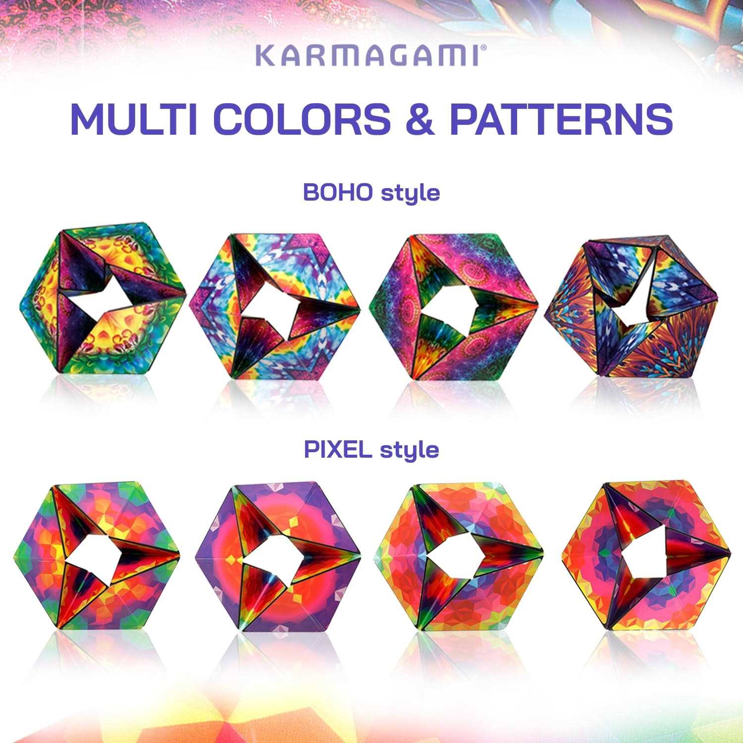 Karmagami “Pixels” and Boho 2 Pack Sensory Toy for Kids Kaleidocycle Fidget Toy for Adults to Stay Calm & Focused - Image 3